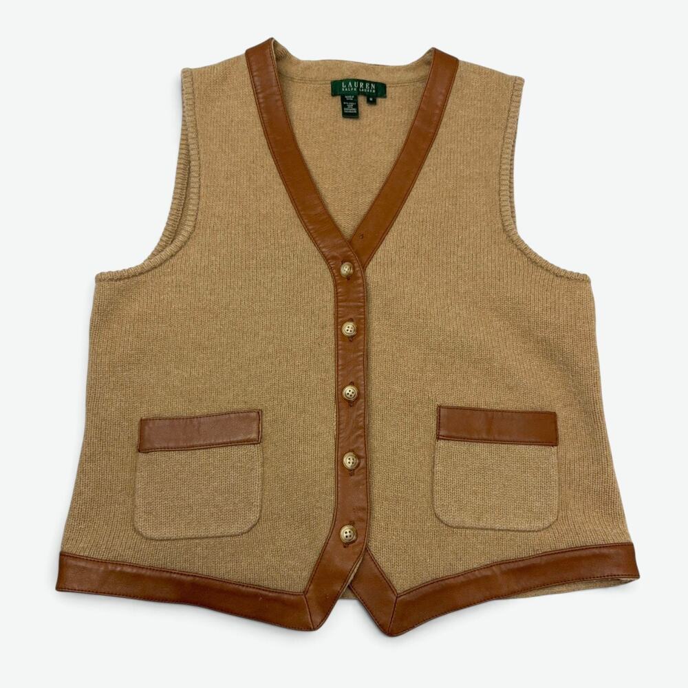Lauren Ralph Lauren Gilet Vest Womens Medium Wool Cashmere Leather Trim Classic